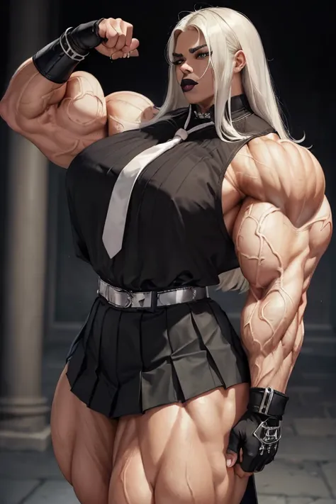 ((((Massive, tall, beautiful, buff, light brown skinned muscular with white hair, black lipstick, ginormous bulky muscles, wearing a black tied blouse with pleated skirt and tie)))), close view, (black lipstick), massive muscle, massive biceps, hyper muscl...