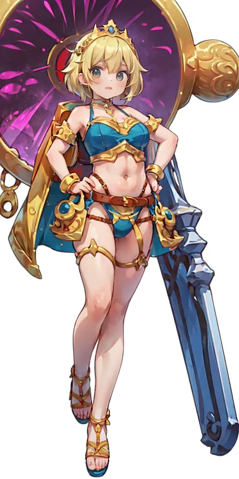 full body, whole body. 1solo (girl). slave fighter, loincloth standing, hands on hips, metal sandals, backpack, choker, big belt, view from below, feet together, bracers, tiara