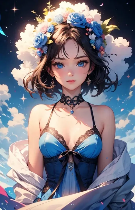 ((highest quality)), ((masterpiece)), (get used to it), perfect face , Adult beautiful girl , beautiful long black hair , beautiful blue eyes , In underwear ,  medium breasts , Blue roses scattered , lying on the bed ,