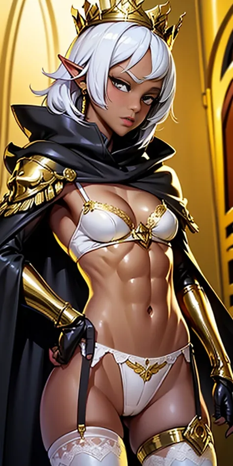 Buzz cut , perfect anatomy 1 girl tall solo, ((black skin:1.3)), slim thick,  colored skin, ((muscular)) high dark elf toned body, silver pasties on breasts, ((small breasts:1.4)), metal silver cape, slendered abs, ((garter belt on hips)), midriff exposed,...