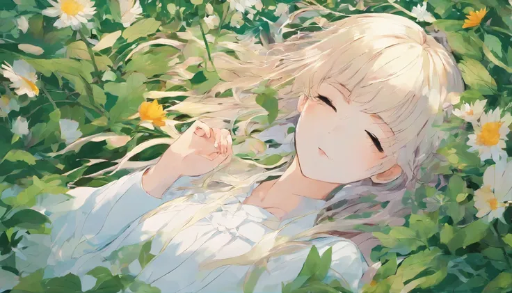 Girl sleeping looking at the sky in a field of green plants and flowers (masterpiece、highest quality)、Opening my eyes、white long hair、warm lighting、dress、blurred foreground、