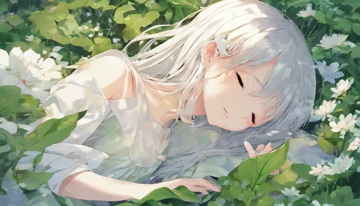 Girl sleeping in a field of green plants and flowers (masterpiece、highest quality)、Opening my eyes、white long hair、warm lighting、dress、blurred foreground、