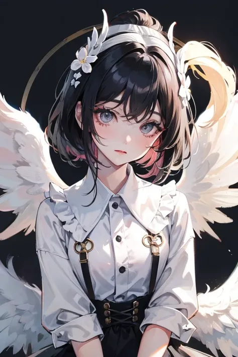 Changed hair from pink to black。
No hair ornaments。
Has beautiful angel-like wings。

Dye your hair black。
Background、Return to the previous city view。