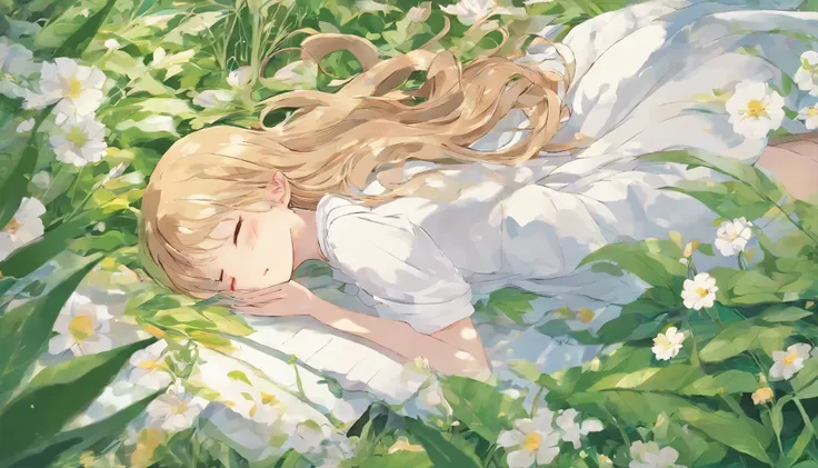 Girl sleeping in a field of green plants and flowers (masterpiece、highest quality)、Eyes closed、Beige long hair、warm lighting、dress、blurred foreground、