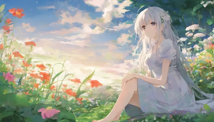 A girl with long gray hair sitting in a field of green plants and flowers (masterpiece、highest quality)、warm lighting、dress、blurred foreground、Gazing at the sky。profile、Eyes closed