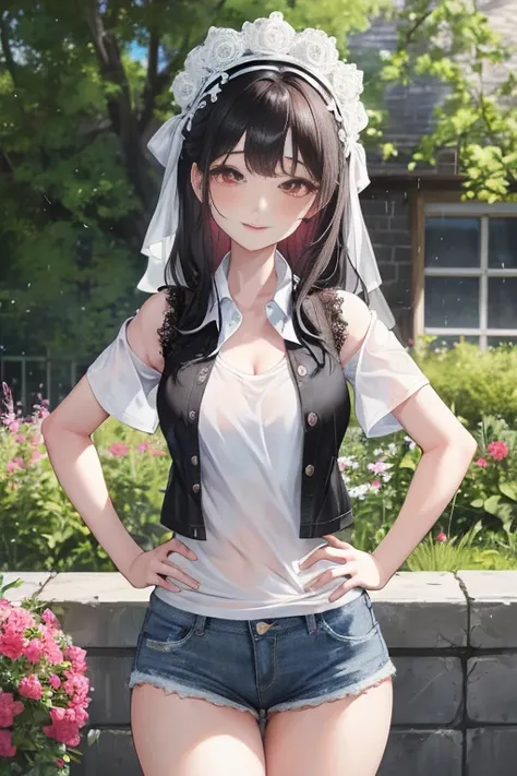 masterpiece、、1 female student、(((Missing arm，Bare arms，black short sleeves)))White cloth bun、Shoulder leakage、chubby、Smile、(((、Lace、)))pale pink lips、posing at school，（Soaked），legs are open， solo, White Polo Shirt, looking at the audience,  (Thick thighs:1...