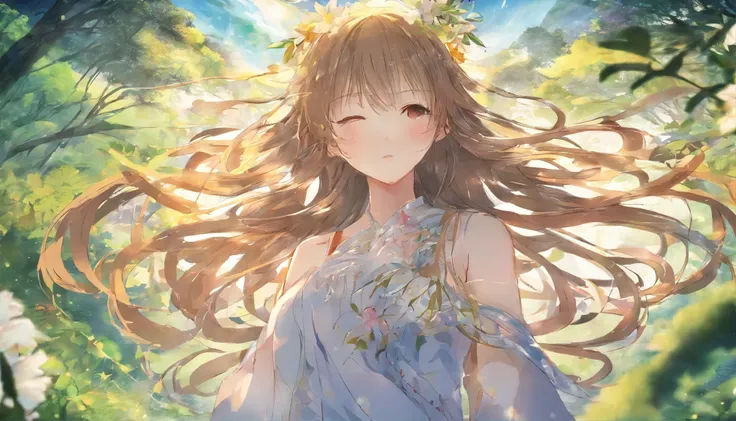 masterpiece、high quality、High resolution、One girl、（View from below）Stand and look up、Close ~ eyes、long hair、flowing hair、sleep、forest、leaf、Grass、flower、Light of the sun、dress、