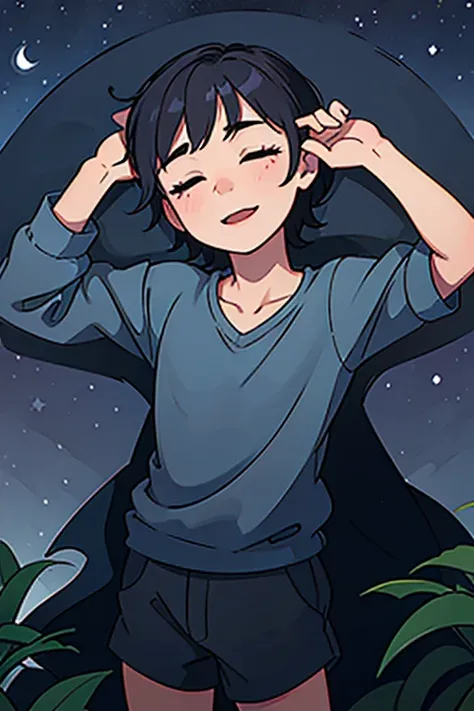 The boy sleeps with his eyes closed under the starry sky，Look happy