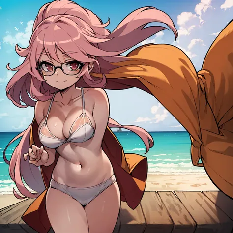 (masterpiece, best quality:1.2), cowboy shot, (solo), (1girl):1.5, glasses, long fluffy pink hair, hair blowing, gorgeous body, wide hips, slight smile, (elegant swimswit), navel exposed, mid breasts, breasts niples, cameltoe, in front of palms in a windy ...