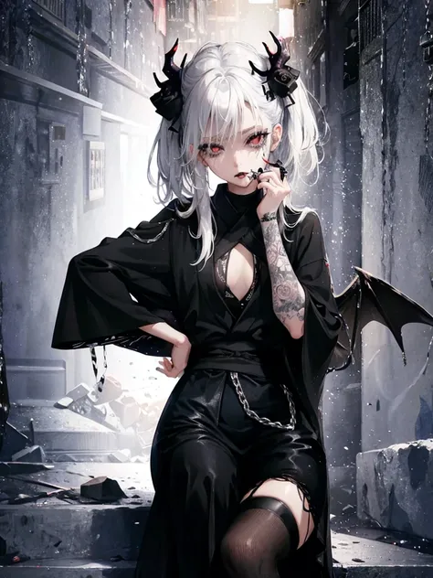 Masterpiece, best quality, high quality, ultra detailed, 1girl, looking at viewer, white hair, gray eyes, black lipstick, black shirt, sitting on a white floor, demon girl, gothcore, 1 3 - year - old, goth girl, japanese gothic, gothic punk style, black me...