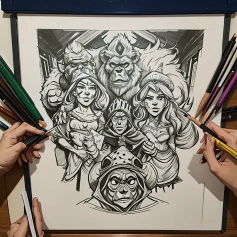 someone holding a drawing of a bunch of people in a room, line sketch!!, fanart detalhada, sketch art, desenho de desenho animado, caracteres mesclados, official de arte, fanart de videogame, fanart requintada altamente detalhada, cel sombreado!!!, delinea...