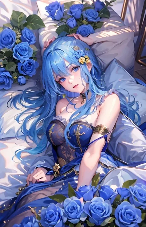 ((highest quality)), ((masterpiece)), (get used to it), perfect face , beautiful girl , Adult atmosphere , Beautiful long blue hair , beautiful blue eyes , In underwear ,  Blue roses scattered , lie on the bed ,