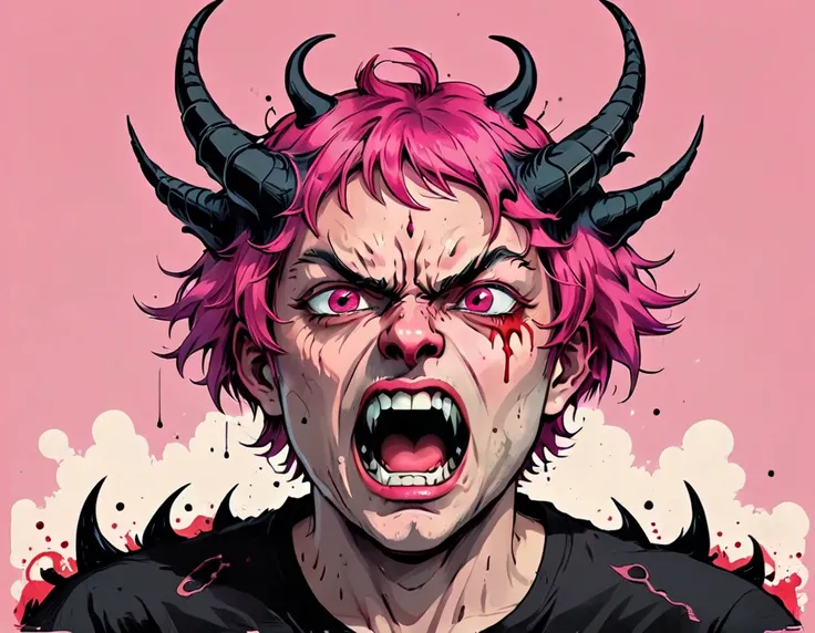 1man, pink hair, very short hair, two side up, crown, dragon horns, Two eyeball, Red Eye, no nose, angry and crying, crying and screaming, Style of Hellper, Surrealism, Realism, super detail