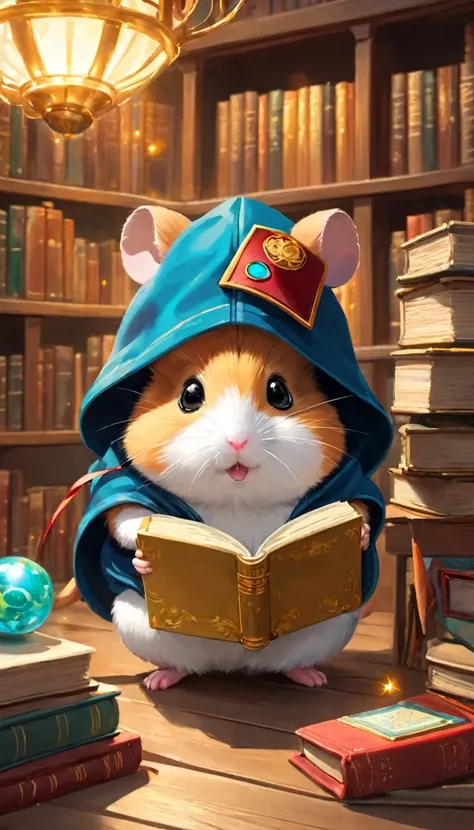 (一只hamster,cartoon) wear (adventure set,Outdoor adventurer clothing) stand in front (magic library,Library full of books,magic的书架,mystery收藏). hamster和一个 (Explorer backpack,Adventure Backpack) on its back. The library is full (mystery古籍,A magnum opus of mag...