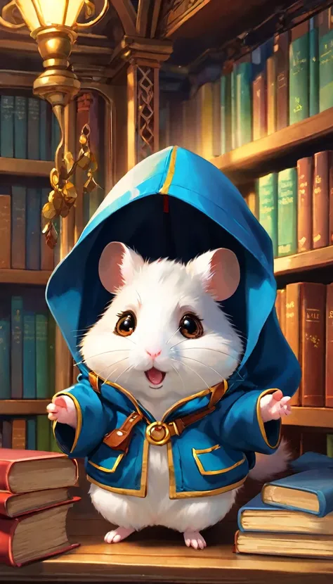 (一只hamster,cartoon) wear (adventure set,Outdoor adventurer clothing) stand in front (magic library,Library full of books,magic的书架,mystery收藏). hamster和一个 (Explorer backpack,Adventure Backpack) on its back. The library is full (mystery古籍,A magnum opus of mag...