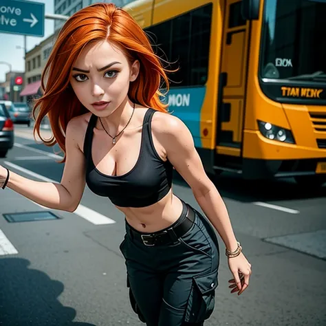 Masterpiece, best quality, detailed face, Kim Possible, black tank top, midriff, cleavage, perfect hands, walking, cargo pants, black shoes, red hair, looking at viewer, sexy smirk, in a city, close up