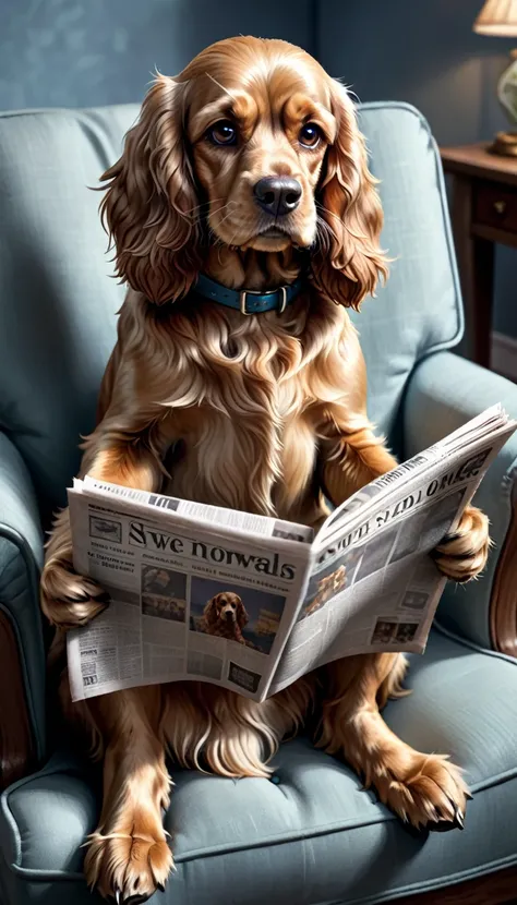 Cute happy cocker spaniel, read newspaper, Sit in a comfortable armchair,illustration,Super detailed,Realistic lighting,bright colors,Soft lighting atmosphere