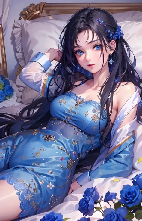 ((highest quality)), ((masterpiece)), (get used to it), perfect face , beautiful girl , beautiful long black hair , beautiful blue eyes , In underwear ,  Blue roses scattered , lying on the bed ,