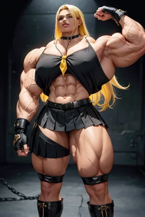 ((((Massive, tall, beautiful, buff, light brown skinned muscular with yellow hair, black lipstick, ginormous bulky muscles, wearing a black tied blouse with pleated skirt and tie)))), close view, (black lipstick), massive muscle, massive biceps, hyper musc...