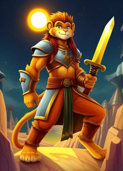 there is a cartoon of a monkey holding a sword, concept art inspired by Yerkaland, deviantart contest winner, furry art, buizel and human fusion, sun wukong, wukong, varguyart style, wearing golden cat armor, coloured lineart, colored lineart, fursona furr...