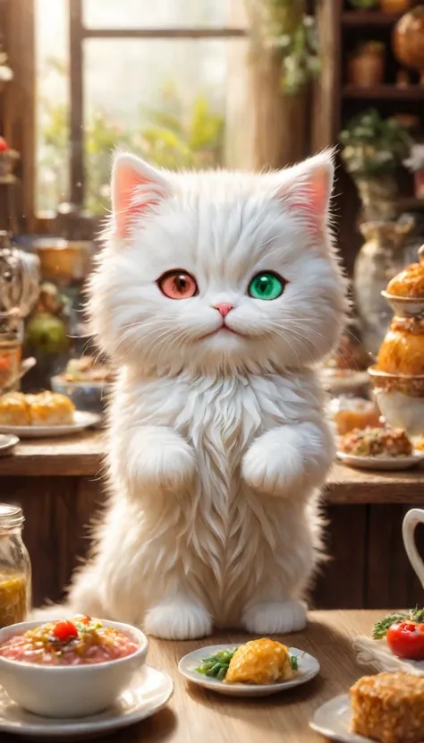 (with small steps、in the middle of meal、heterochromatic eyes),,cute little,masterpiece,top quality,Hairy,,joy,anatomically correct,,fantasy,Cat,with small steps,heterochromatic eyes