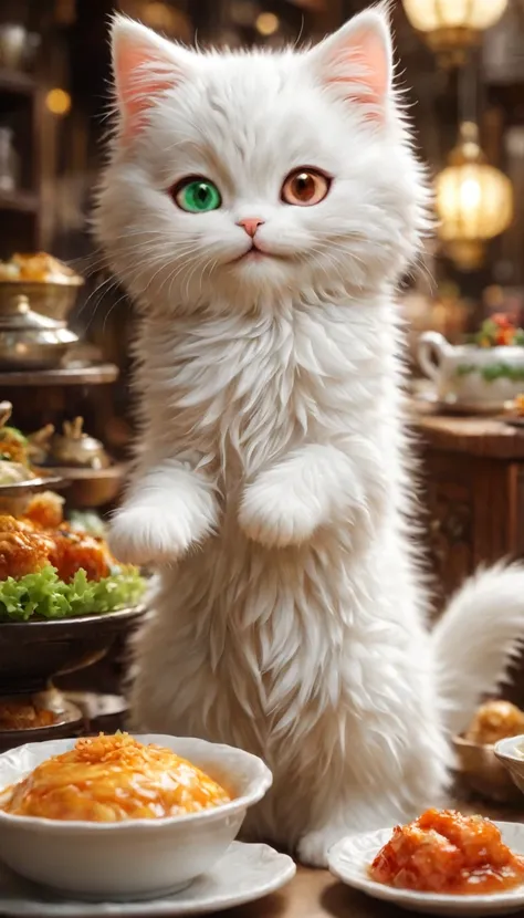 (with small steps、in the middle of meal、heterochromatic eyes),,cute little,masterpiece,top quality,Hairy,,joy,anatomically correct,,fantasy,Cat,with small steps,heterochromatic eyes