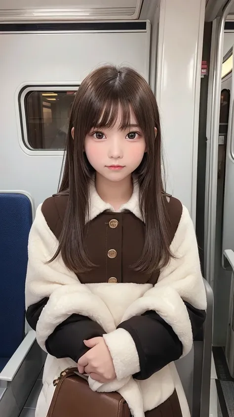 masterpiece, highest quality, one girl, (beautiful girl, delicate girl:1.3), (13 years old:1.3), very fine resolution, (symmetrical eyes:1.3), (Inside the train:1.2), (Winter Uniform:1.3), small breasts, brown eyes, parted bangs, brown hair, , (Eye and fac...