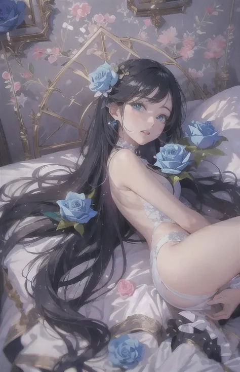 ((highest quality)), ((masterpiece)), (get used to it), perfect face , beautiful girl , beautiful long black hair , beautiful blue eyes , In underwear ,  Blue roses scattered , lying on the bed , Holding a rose ,