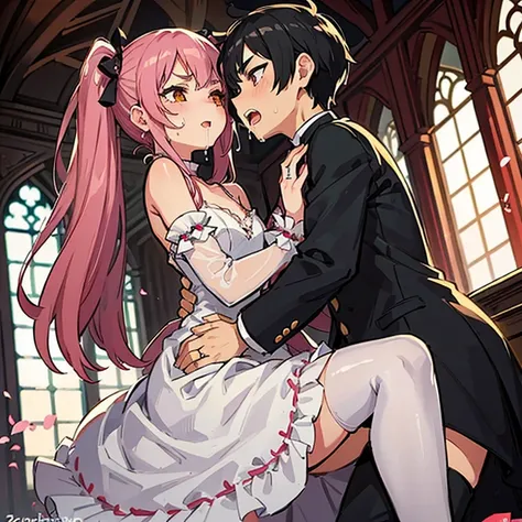 Girl with pink hair, long twin-tail hairstyle, (small bushy pink eyebrows), dressed in gothic lolita clothing, lolicon (Zankuro) drawing style by zankuro artist, Zancro style, image uploaded to R34, in a church full of people, flirtatious smile, suddenly h...