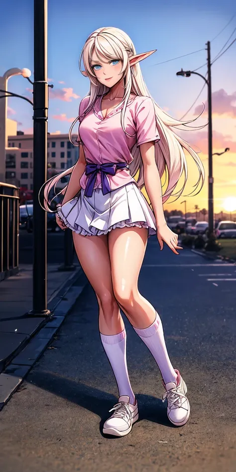 dark elf female, pirotess, full body, beautiful, (masterpiece:1.2), (best quality:1.2), Beautiful 10-year-old white girl with blue eyes, long swept-back straight blond hair, Happy), Pink and white frilly miniskirt, pink shirt, pink socks, white sneakers, C...