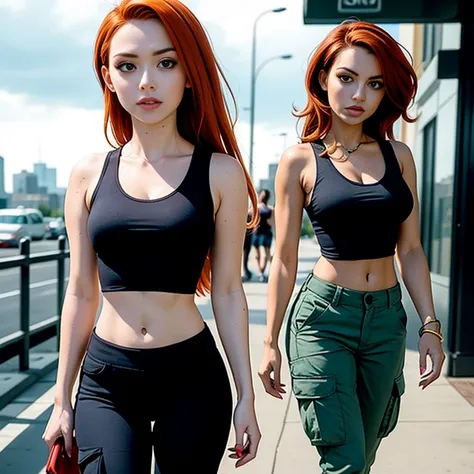 Masterpiece, best quality, detailed face, Kim Possible, black tank top, midriff, cleavage, walking, cargo pants, black shoes, red hair, looking at viewer, sexy smirk, perfect hands, in a city