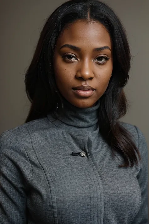 gorgeous ebony woman, aged 26, LinkedIn business photo headshot, professional headshot, job recruiter, lacey london, blazer, and turtleneck, business professional dress
