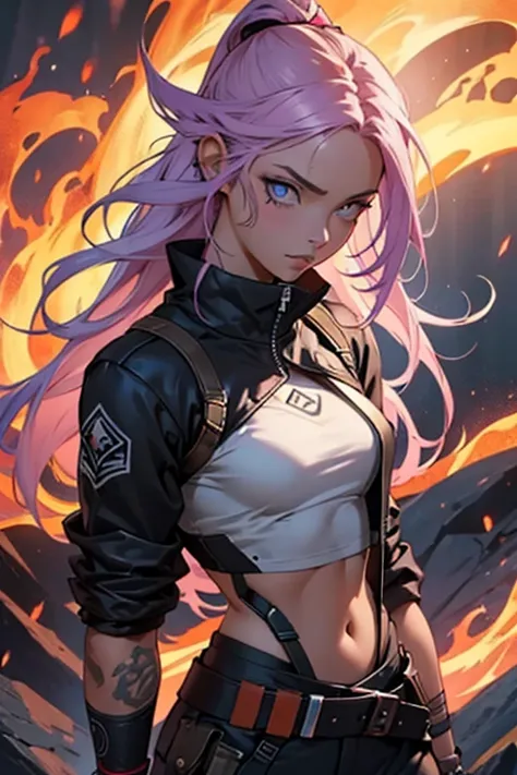 Personagem feminino em forma de anime estilo ciberpunk, baseado em personagem jogo Numenera tom de pele caramelo claro, fine features on the face, amber eyes, sardas no rosto, lilac hair with highlights like flames of fire, corpo esguio, tatuagens como se ...