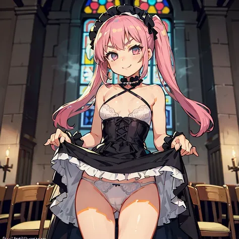 Girl with pink hair, long twin-tail hairstyle, (small bushy pink eyebrows), dressed in gothic lolita clothing, lolicon (Zankuro) drawing style by zankuro artist, Zancro style, image uploaded to R34, (in a church full of people), , flirty smile, lifting her...