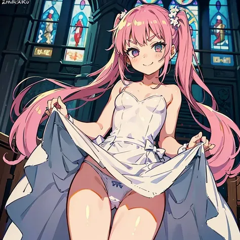 Girl with pink hair, long twin-tail hairstyle, (small bushy pink eyebrows), wearing a wedding dress, lolicon (Zankuro) drawing style by zankuro artist, Zancro style, image uploaded to R34, (in a church full of people), , flirty smile, lifting her dress to ...