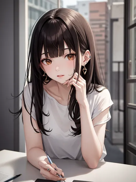 masterpiece, highest quality, pixiv, cool girl, Lots of earrings, earrings, dark brown hair, fur, dull bangs, straight bangs, gray eyes, pale skin, gallon, Improve