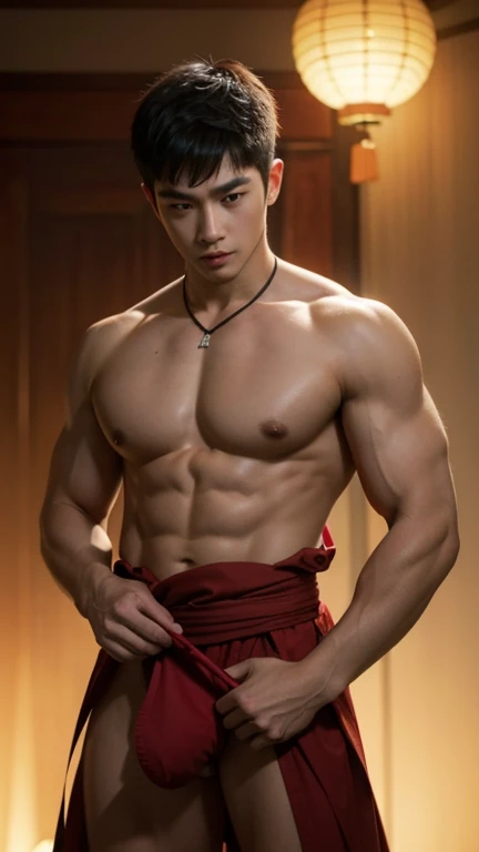 Chinese Men God, Mythology, Chinese odyssy, Handsome, Twink, Topless, Muscles, big breast Athlete body, Full Frame, Sexy, realistic, human skin, Professional Lighting, red Hanfu Outfit, alot of jade  pendent, jade palace Chinese Heaven Background, Bulge Un...