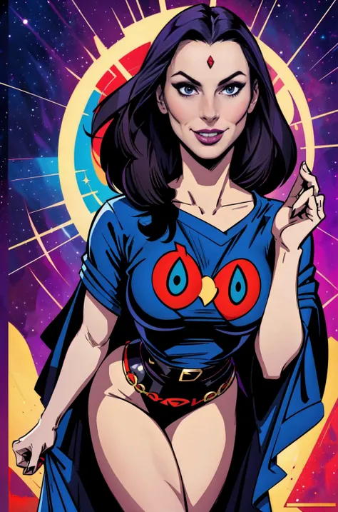 image of a sexy, sensual style enjinight as raven in bright colors realistic retro art style, vector for t-shirt print, dynamic background, universe themed witch style, with raven designs