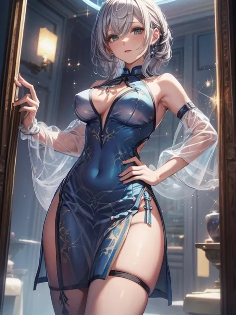 highest quality、All limbs、full finger、light silber hair woman、wavy hair woman、beautiful biggest breasted woman、Slender beauty、1 female、(((A woman wearing a transparent sparking blue short cheongsam dress:1.3))), golden pattern cheongsam、(((woman wearing tr...