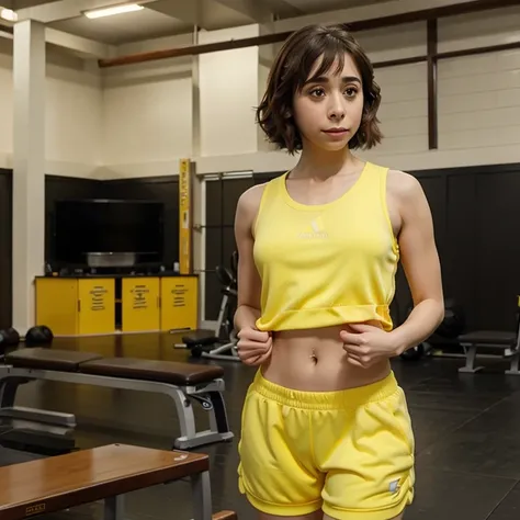 Cristin Milioti in the gym dressed in yellow sportswear