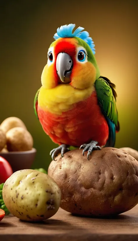 Foodpets Very cute and attractive anthropomorphic potato parrot, looking at the audience, Macro, movie lighting, fantasy art, dynamic composition, epic reality, Award-winning illustrations