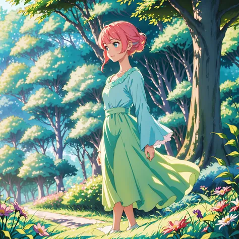 High 8K resolution, capturing details clearly.  Studio Ghibli style scene, with a fusion of anime artistic style, whimsy and impressionism.  |  A dazzlingly beautiful princess walking in a lush forest, her flowing hair has pastel tones.  Her face shows a m...