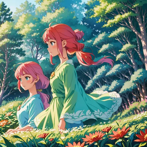 High 8K resolution, capturing details clearly.  Studio Ghibli style scene, with a fusion of anime artistic style, whimsy and impressionism.  |  A dazzlingly beautiful princess walking in a lush forest, her flowing hair has pastel tones.  Her face shows a m...