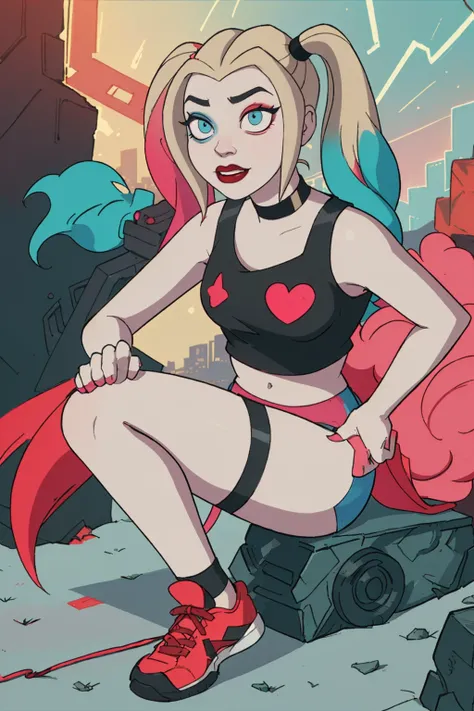 (Harley Quinn, harleyquinn:1.0), blonde pigtails with blue and pink ends, blue eyes, red lipstick, pink and blue eye shadow, heart on cheek, (half red and black crop top tank top, red and black underwear:1.2), sneakers with pom pom, black necklace, pale wh...