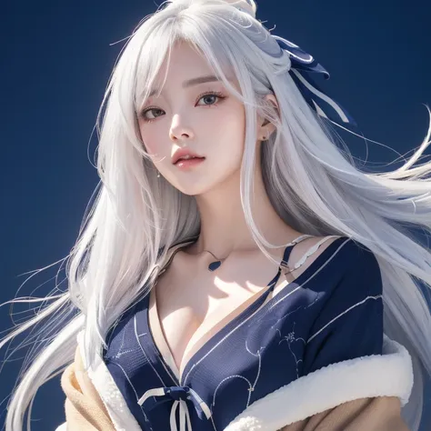 anime style、white skin、white hair、upward glance、large and noticeable、colorful gas expression、seductive big breasts、feminine、high...