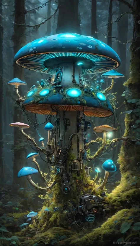 Bioluminescent Mushroom Robot, painting, Detailed robot with glowing mushrooms, bright colors, Hyper-realistic lighting, Super detailed mushroom, realistic robot design, Complex components, Enchanted forest setting, Mossy limbs, Mossy appearance, Mechanica...