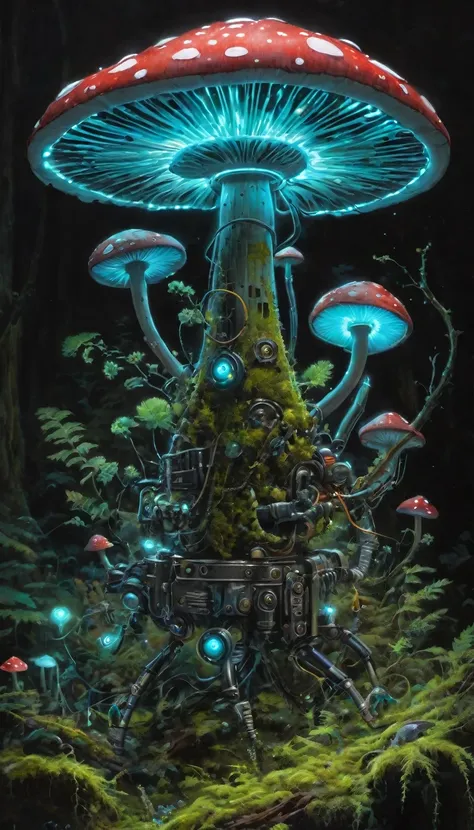 Bioluminescent Mushroom Robot, painting, Detailed robot with glowing mushrooms, bright colors, Hyper-realistic lighting, Super detailed mushroom, Realistic design, Complex components, Enchanted forest setting, Mossy limbs, Mossy appearance, Mechanical gear...