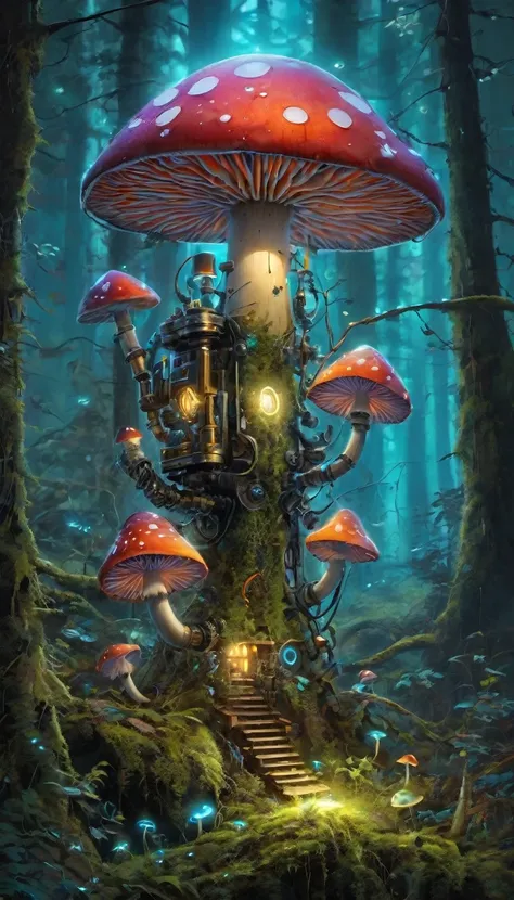 Bioluminescent Mushroom Robot, painting, Details of glowing mushrooms, bright colors, Hyper-realistic lighting, Super detailed mushroom, Realistic design, Complex components, Enchanted forest setting, Mossy limbs, Mossy appearance, Mechanical gears, Ethere...