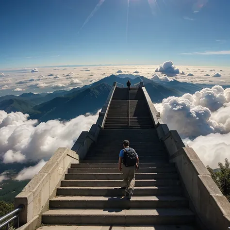 2 brothers going up infinite stairs of clouds to the sky 