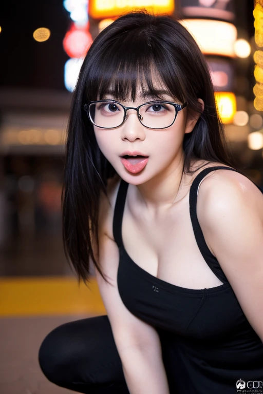 (masterpiece, highest quality, High resolution,8K, RAW images), A beautiful and simple 35-year-old Japanese woman, Wearing glasses, Beautiful long shiny black hair, snappy bangs, shiny face, shiny skin, Depth of written boundary, chromatic aberration, caus...